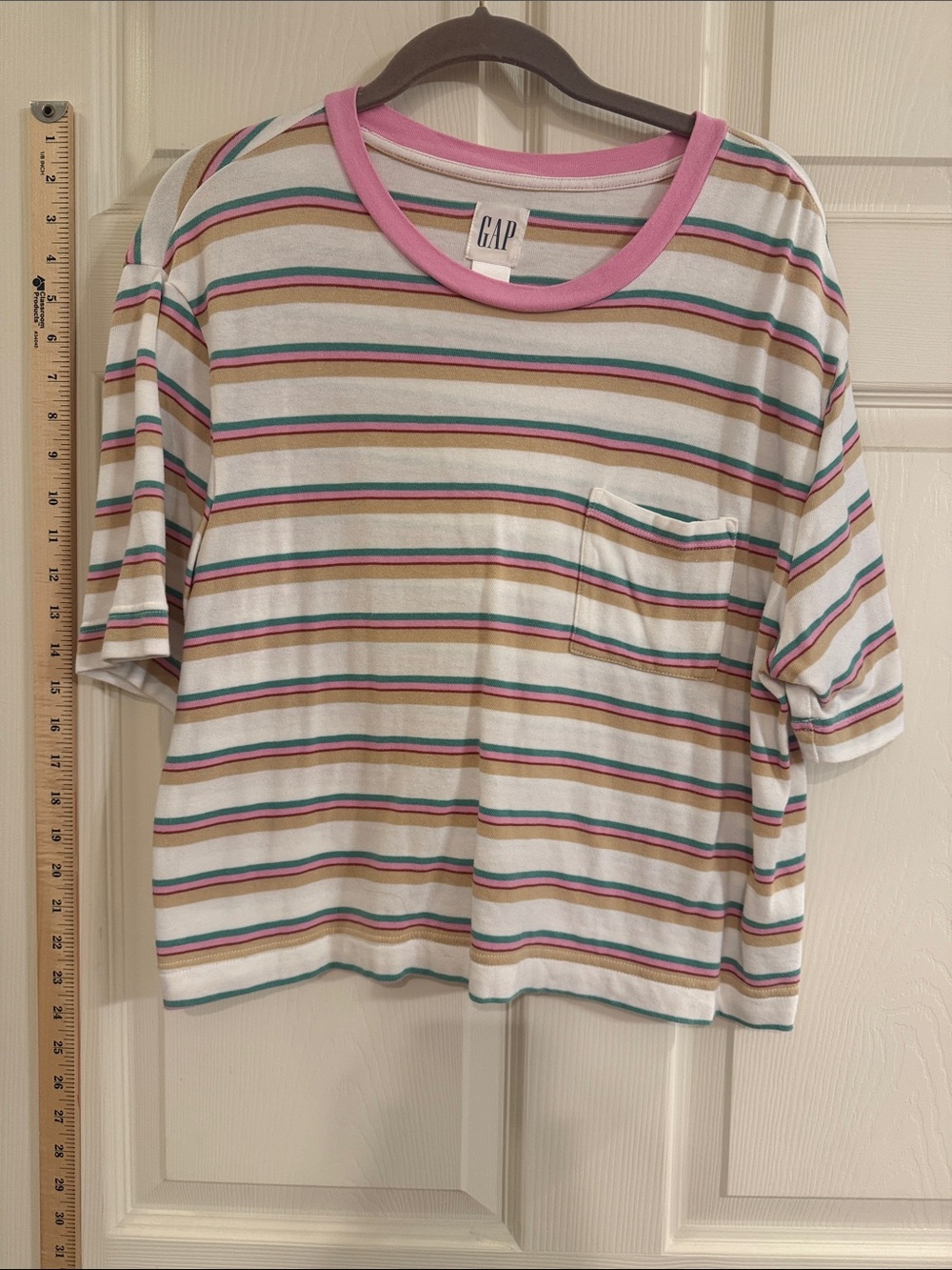 GAP White Striped Short-Sleeve Tee with Pink Neckline